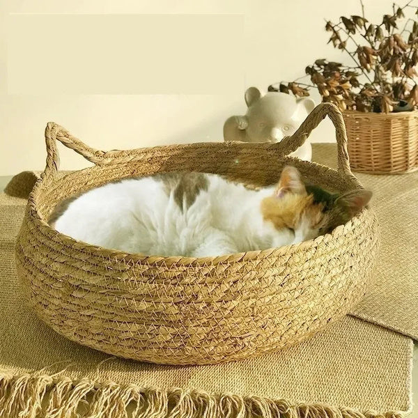 Handgefertigtes geflochtenes Katzenbett mit saisonalem Kissen