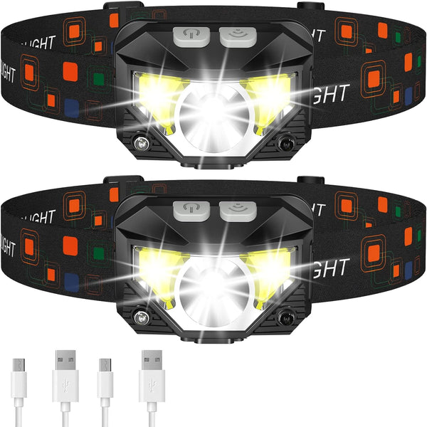 2er-Pack Ultrahelle, wiederaufladbare LED-Stirnlampe mit Bewegungssensor und Wasserschutz