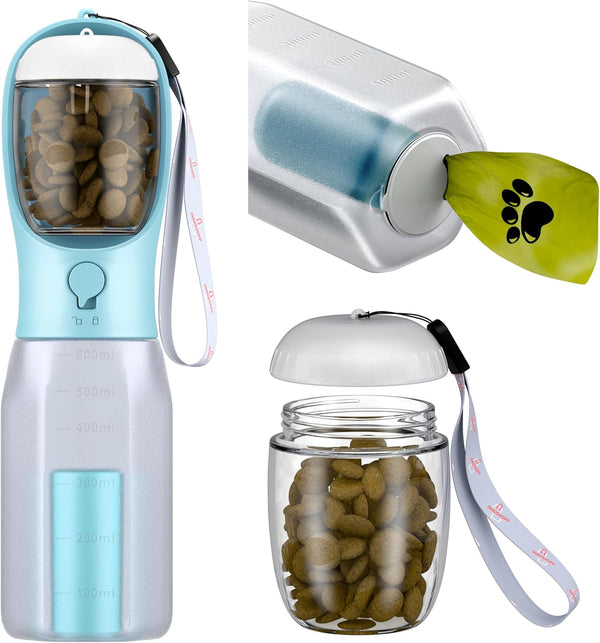 Tragbare Hundewasserflasche mit integriertem Futterbehälter