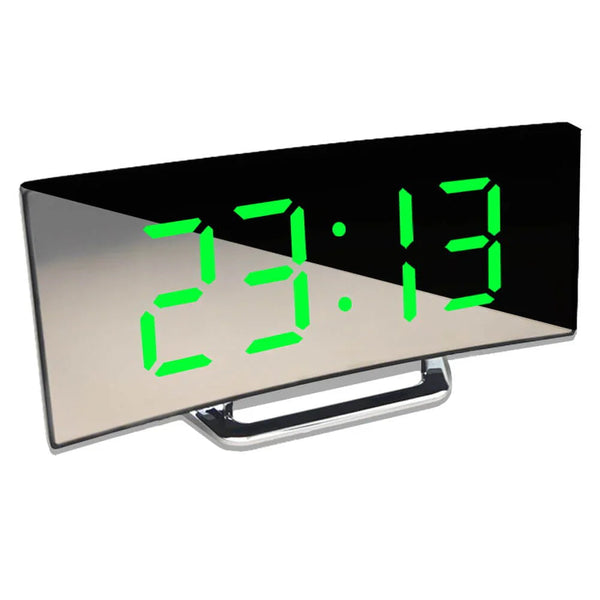 Gebogener digitaler LED-Wecker mit Spiegeldisplay und großem Bildschirm