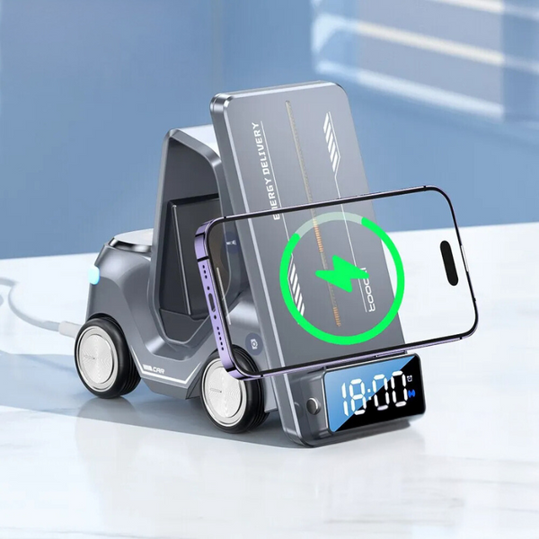 5-in-1 Gabelstapler-Design kabelloses Ladegerät mit Wecker und Nachtlicht