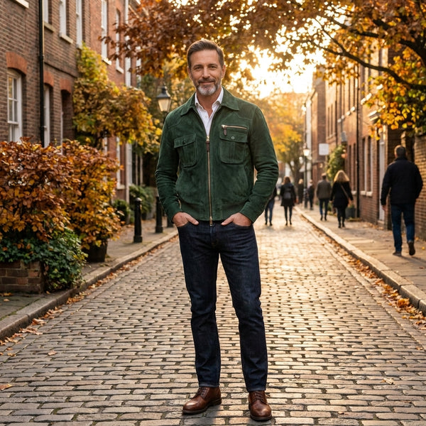 Herren Retro Wildlederjacke mit Revers, Reißverschluss und Brusttasche