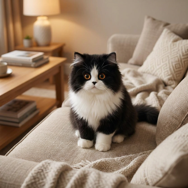 Lebensechte schwarz-weiße Plüschkatze