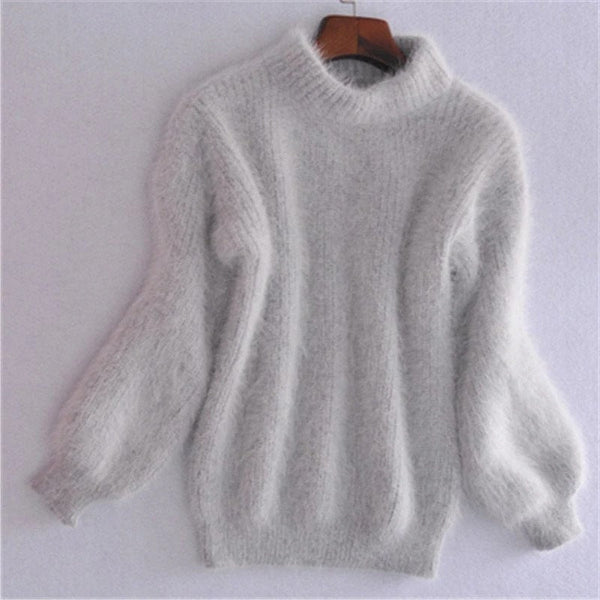 Einfarbiger, locker gestrickter Pullover - Vintage Angora-Pullover für Damen