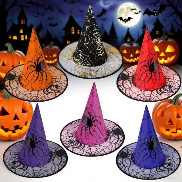 Bunter Hexenhut mit Spinnennetz-Muster für Halloween-Kostüme