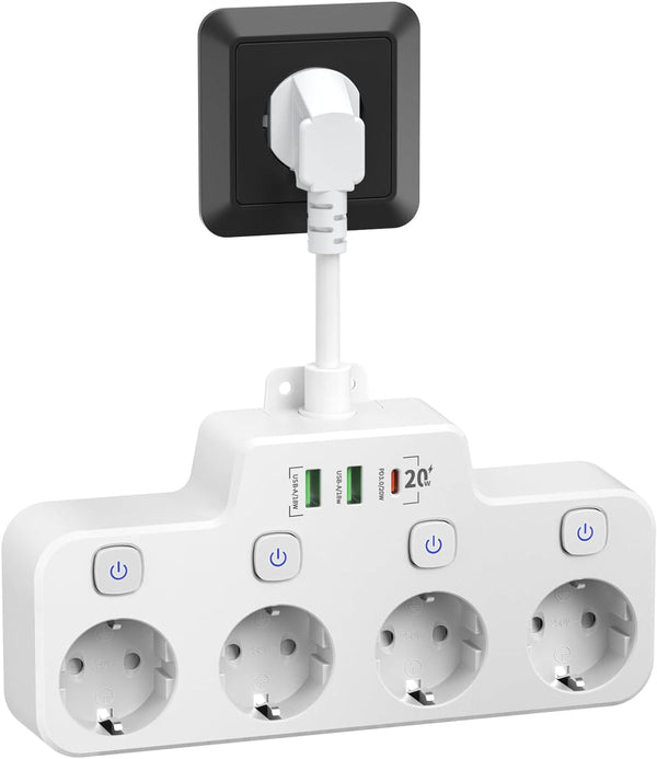 Wandmontierbare Steckdosenleiste mit Einzelschaltern - 2 USB-A und 1 USB-C Anschluss