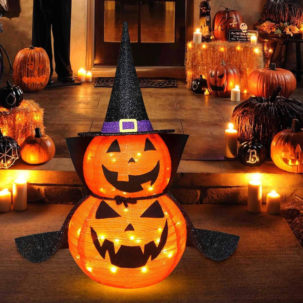 2er-Set 3ft Halloween Kürbis-Gartendekoration, zusammenklappbar und beleuchtet für Innen- und Außenbereich
